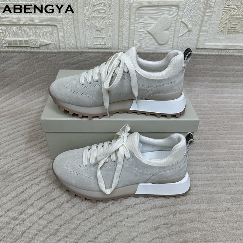 2025 White Knitted Suede Flat  - đánh giá và giá Knit Fabric Lace Up Sneakers